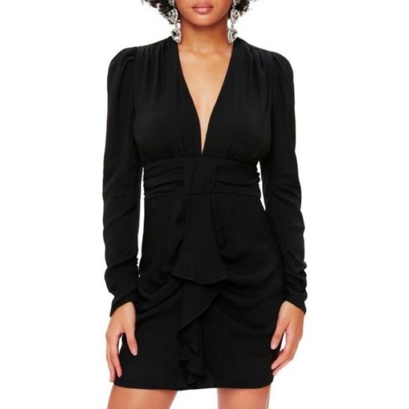 AFRM x REVOLVE avalon puff sleeve deep v-neck mini dress cocktail black small - Picture 1 of 12